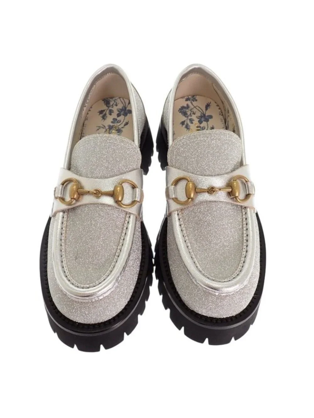 Gucci Horsebit Bee Loafers Shoes 36.5 Thick Sole Calfskin Metallic Silver Gold